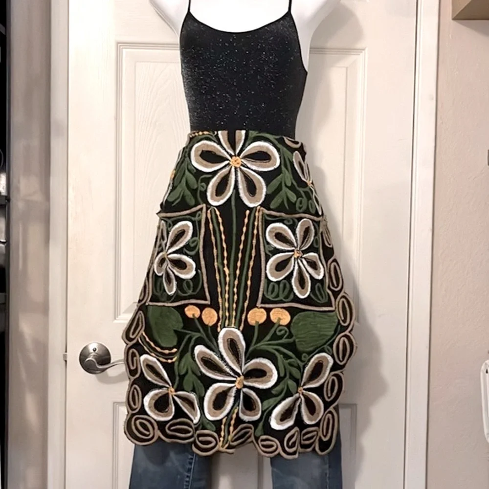 Bohemian Embroidered Green Gold Tan Black Floral Colorful Boho Apron
